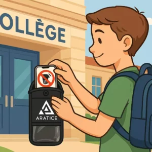 Illustration d'un collégiens insérant son téléphone portable dans une pochette anti-ondes Araphone Blocker d'Aratice