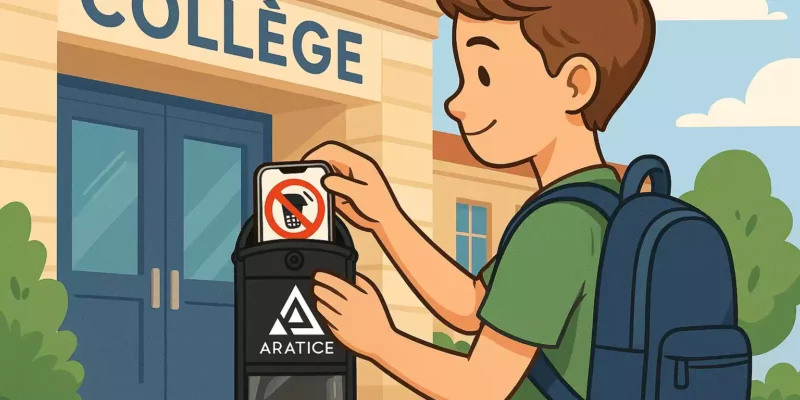 Illustration d'un collégiens insérant son téléphone portable dans une pochette anti-ondes Araphone Blocker d'Aratice