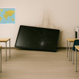 Une illustration d'une installation d'équipements numériques sans prise en compte des contraintes techniques de la salle de classe.