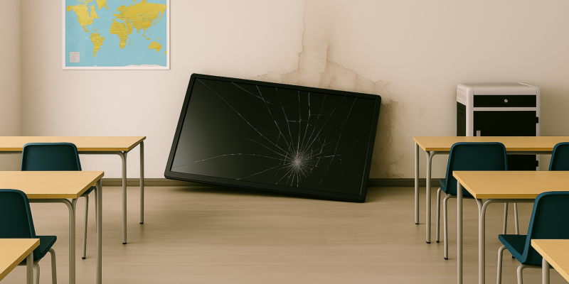 Une illustration d'une installation d'équipements numériques sans prise en compte des contraintes techniques de la salle de classe.