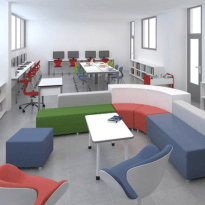 Mobilier scolaire Angle, Cube et Tube dans un espace lecture collaboratif