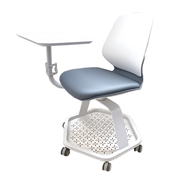 Chaise Mobistand 360 blanche et grise avec tablette rotative 360°, roulettes et rangement intégré pour salle de classe ou espace collaboratif.