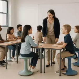 Des élèves dans une salle de classe assis sur des tabourets oscillants attentifs et concentrés sur le discours de leur enseignante.