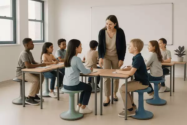Des élèves dans une salle de classe assis sur des tabourets oscillants attentifs et concentrés sur le discours de leur enseignante.