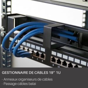 Panneau 1U passe câbles + balai 19" Décaissé Noir