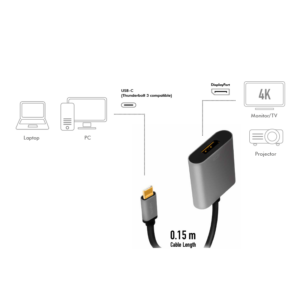 Adaptateur USB Type-C, C/M vers DP/F, 4K, alu, noir/gris, 0.15m