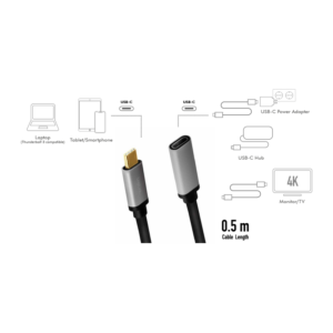 Rallonge USB 3.2 Gen2 Type-C, C/M vers USB-C/F, 4K, alu, noir/gris, 0.50m