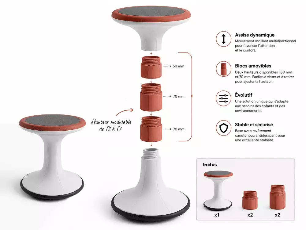 Visuel de la composition d'un tabouret dynamique MOBI-TWIST pour mettre en avant la hauteur modulable et ses caractéristiques