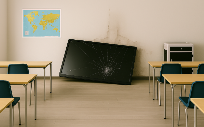 Une illustration d'une installation d'équipements numériques sans prise en compte des contraintes techniques de la salle de classe.